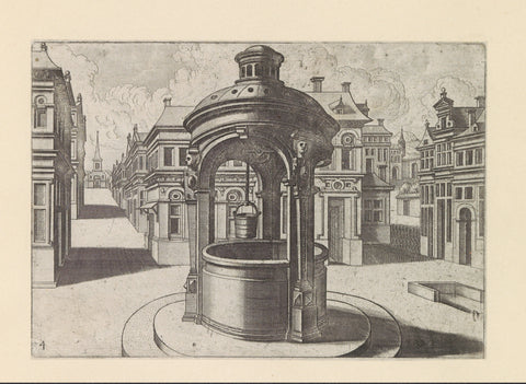 Round well with stone roof on a town square, Johannes or Lucas van Doetechum, c. 1574 Canvas Print