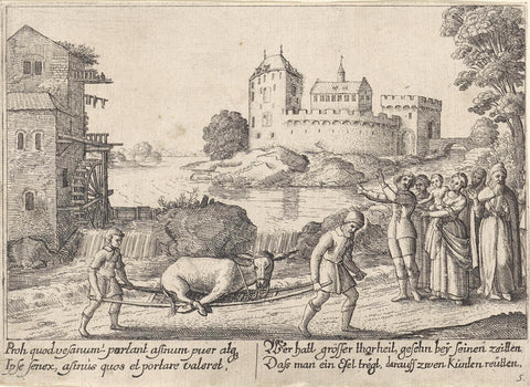 Fable of the peasant and his donkey; Farmer and his son carry the donkey on a portable, Wenceslaus Hollar, 1627 - 1628 Canvas Print