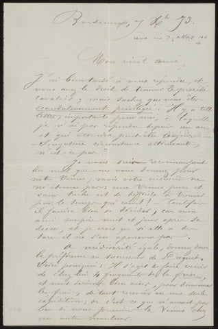 Letter to Odilon Redon , Armand Clavaud, 1873 Canvas Print
