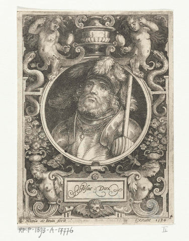 Portrait of Joshua in medallion inside rectangular frame with ornaments, Nicolaes de Bruyn, 1594 Canvas Print