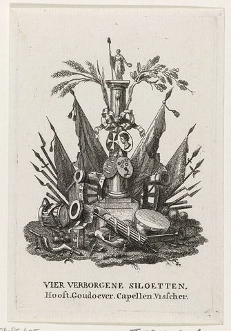 Four silhouettes hidden in an armor trophy, 1787, anonymous, 1787 Canvas Print