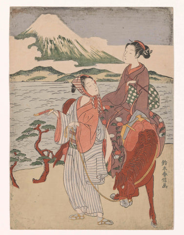 Smoking man and woman on horseback, Suzuki Harunobu, 1768 Canvas Print