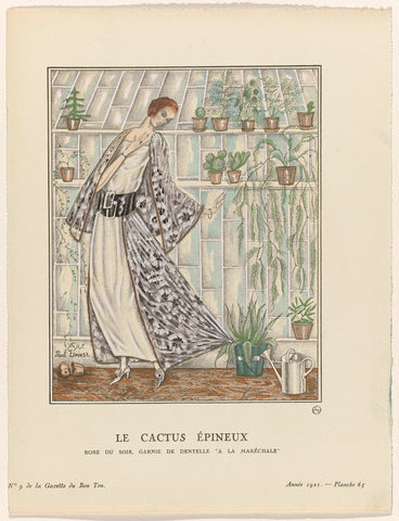 Gazette du Bon Ton, 1921 - No. 9 : Le cactus épineux / Robe du soir, garnie de dentelle 