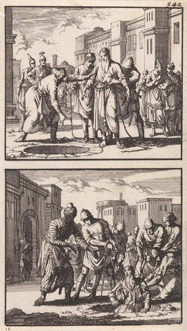 Jeremiah is thrown into a pit / Jeremiah pulled out of the pit, Jan Luyken, 1698 Canvas Print