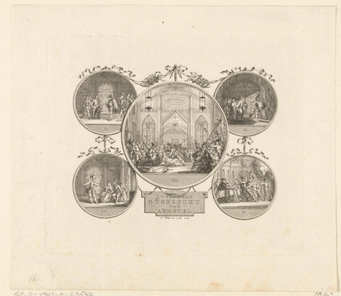 Sheet with five scenes from Vondels Gijsbrecht van Amstel, Simon Fokke, 1775 Canvas Print