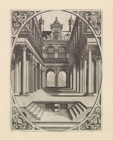 Courtyard with a gallery, Johannes or Lucas van Doetechum, after 1601 Canvas Print