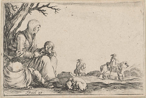 Woman with two children and a dog under a tree, Stefano della Bella, 1620 - 1664 Canvas Print