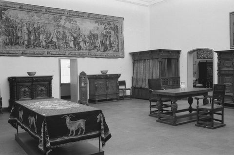 Room with furniture including cupboards, tables, cot, tapestry and passage, 1952 Canvas Print