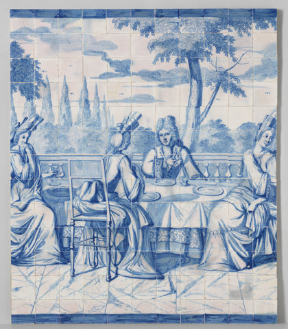 Company of three women and a man at the table on a terrace surrounded by three servants, W. van der Kloet, 1707 Canvas Print