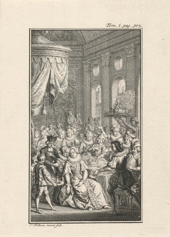 Gezelschap aan een banket, Jacob Folkema, 1702 - 1767 Canvas Print