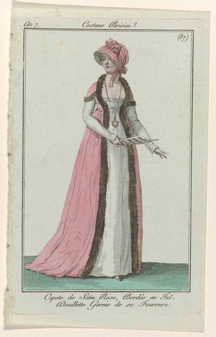 Journal des Dames et des Modes, Costume Parisien, 29 janvier 1799, An 7 (87) : Capote de Satin Ros (...), anonymous, 1799 Canvas Print