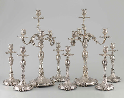 Ensemble of two candlesticks, six candlesticks and a middle piece, with accompanying liber amicorum, Firma Hoeker & Zoon, 1891 Canvas Print