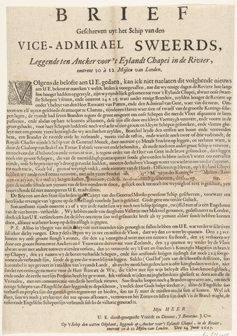 Brief Geschreven uyt het Schip van den Vice-Admirael Sweerds, Leggende ten Ancker voor 't Eylandt Chapei in de Rivier, about 10 to 12 Miles from London, J. Bovetius, 1667 Canvas Print