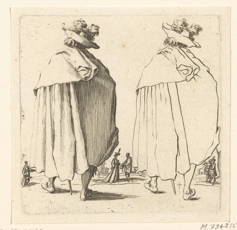 Twice the same soldier with large plumped hat and cloak, seen on the back, Jacques Callot, 1621 - 1624 Canvas Print