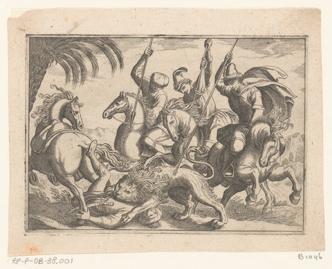 Hunting a lion in which the lion kills a man, anonymous, in or after 1598 Canvas Print