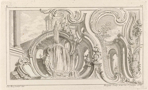 View of a fountain against a background of seed beads and architecture, Gabriel Huquier, Juste Aurèle Meissonnier, 1738 - 1749 Canvas Print