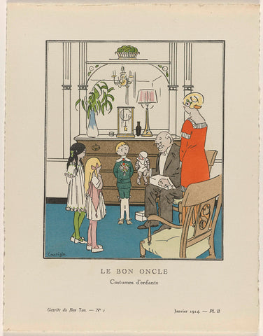 Gazette du Bon Ton, 1914 - No. 1, Pl. II: Le Bon Oncle / Costumes d'enfants, Charles-Emile Carlègle, 1914 Canvas Print