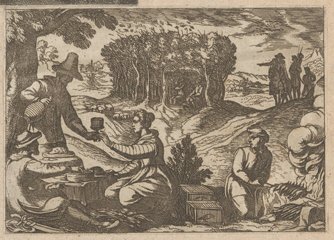 Hunters and their wives eat the birds in the field, Antonio Tempesta, 1598 Canvas Print