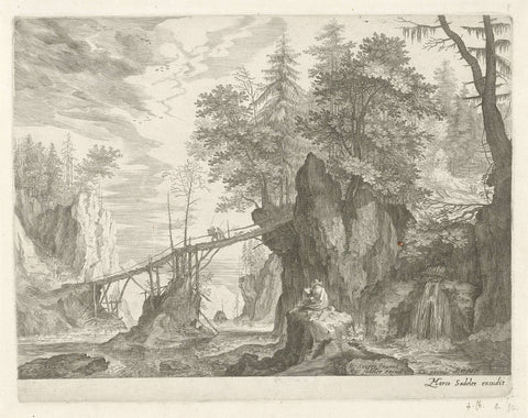 Draughtsman sitting on a stone in front of a bridge, Aegidius Sadeler, 1624 - c. 1650 Canvas Print