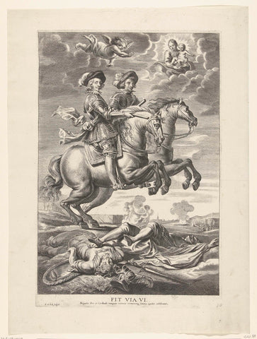 Ferdinand with Ferdinand, King of Bohemia and Hungary on horseback at the victory at Nördlingen; entry of Ferdinand in Ghent in 1635 (no. 10), Pieter de Jode (II), 1675 - 1685 Canvas Print