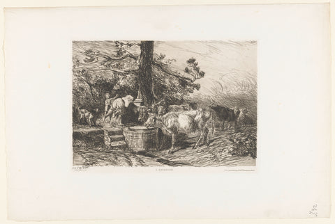 Cattle at a well, Filippo Palizzi, 1838 - 1875 Canvas Print