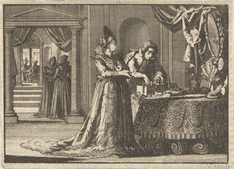 Disguised as a jeweller, Gustav II Adolf makes his first visit to his fiancée Maria Eleonora of Brandenburg, 1620, Jan Luyken, 1698 Canvas Print