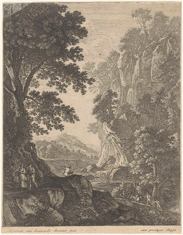 Mountain landscape with waterfall, Herman van Swanevelt, 1643 - 1655 Canvas Print