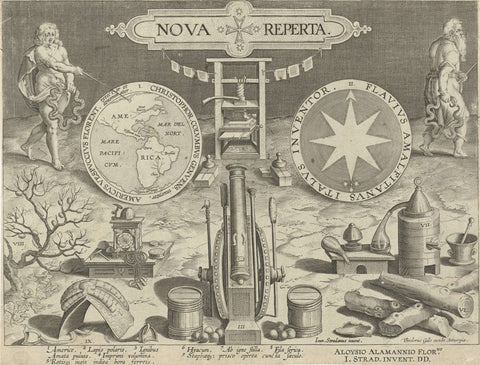 Title page for the series Nova Reperta, Jan Collaert (II) (attributed to), c. 1589 - c. 1593 Canvas Print