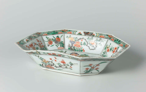 Oblong, octagonal dish with flowers, birds and insects, anonymous, c. 1700 - c. 1724 Canvas Print