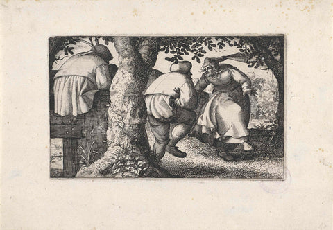 Dancing peasant couple with bagpipe player, Claes Jansz. Visscher (II), 1596 - 1630 Canvas Print