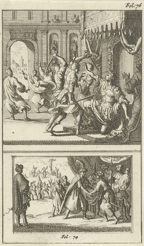 Julius Caesar murdered / Polycrates by Orates kindly received, Jan Luyken, 1687 Canvas Print