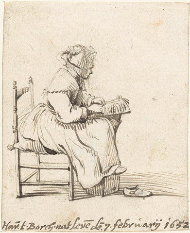 Jonge vrouw bezig met het maken van kant, in profiel, Harmen ter Borch, 1652 Canvas Print