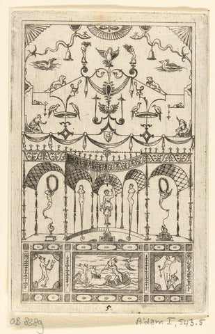 Op een voetstuk, gedecoreerd met van links naar rechts Mercurius, Neptunus en Venus, staan hermen, Hans Sibmacher, c. 1525 - 1594 Canvas Print