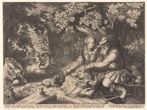 Dead and Cupid shoot each other's arrows and old man courtes young woman, Boëtius Adamsz. Bolswert, 1595 - 1633 Canvas Print