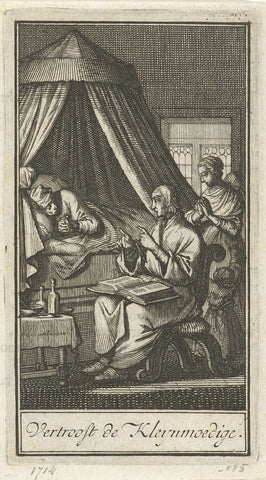 Praying figures at the bedside of a sick person, Jan Luyken, 1714 Canvas Print