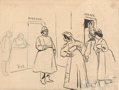 Design for illustration in De Amsterdammer: vier vrouwen voor een deur (Portugal) guarded by a cop (1 December 1907), Johan Braakensiek, 1907 Canvas Print