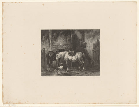 Two horses and dog in a stable, Frederik Hendrik Weissenbruch, 1849 - 1865 Canvas Print