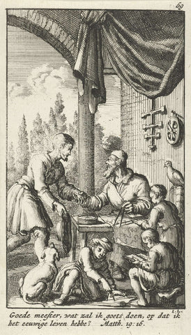 Man visits a grey-haired man who teaches three boys, Jan Luyken, 1683 Canvas Print