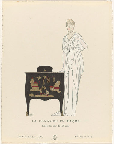 Gazette du Bon Ton, 1914 - No. 5, Pl. 49: La commode en laque / Robe du soir de Worth, Bernard Boutet de Monvel, 1914 Canvas Print