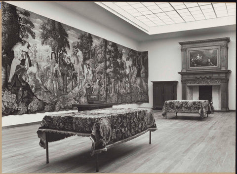 Room with tapestry, fireplace with painting, cupboard and tables with upholstery, 1962 Canvas Print