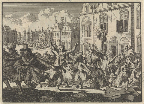 Riot in Enkhuizen in which the houses of Vice-Admirals Kwast and Turk are destroyed, 1635, Jan Luyken, 1698 Canvas Print