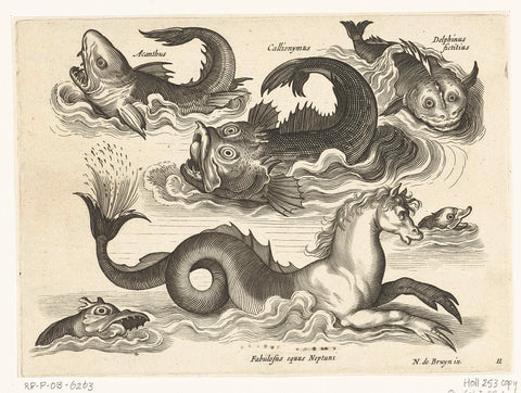 Fantastic aquatic animals, including seahorse, Nicolaes de Bruyn, 1581 - 1652 Canvas Print