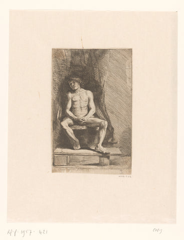 Nude man seated before a curtain, anonymous, after 1646 Canvas Print