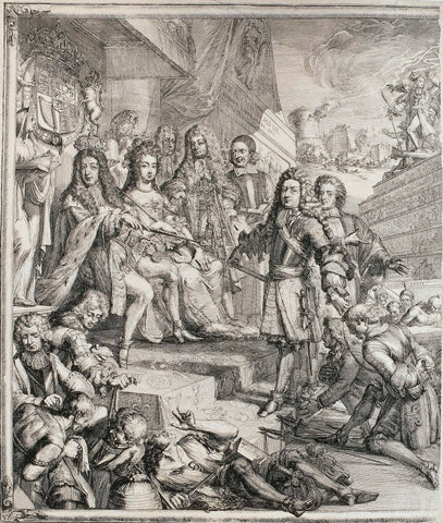 Allegory of the events of 1689 with William III and Mary on the throne (left half), Romeyn de Hooghe, 1690 Canvas Print