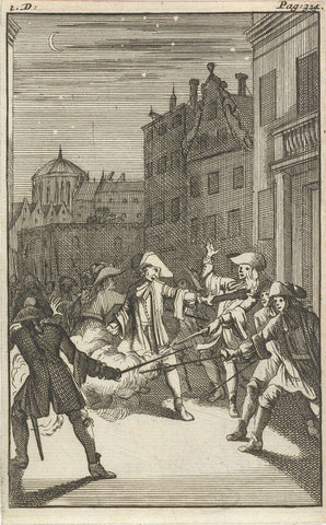 Mirandor and Belindor in Paris on the street attacked by disguised men, Caspar Luyken, 1695 Canvas Print