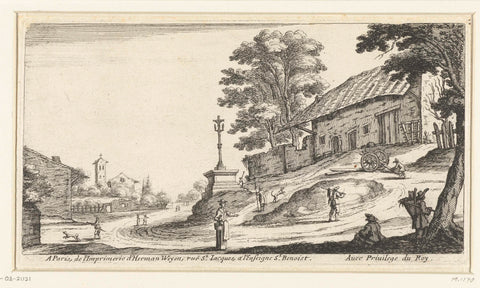 Landscape with a cross on a village road, Jacques Callot (possibly), 1621 - 1672 Canvas Print