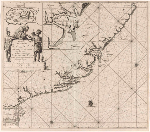 Pass map of the coast of French Guiana, Jan Luyken, 1684 - 1799 Canvas Print