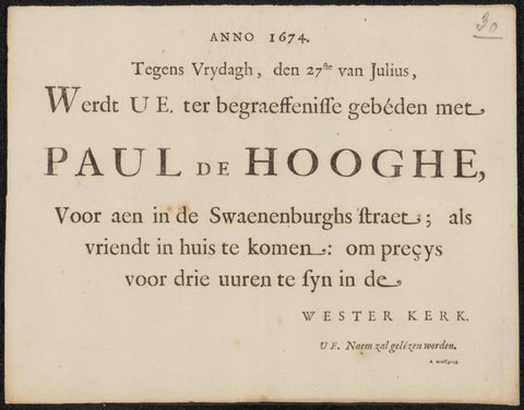 Invitation to the funeral of Paul de Hooghe (1611-1674), Abraham Wolfgang, in or after 1674 Canvas Print