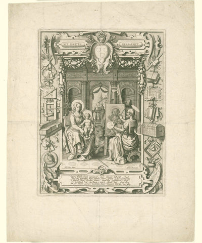 Blazon of the Guild of Saint Luke with Saint Luke painting Mary, Adriaen Collaert, 1614 Canvas Print