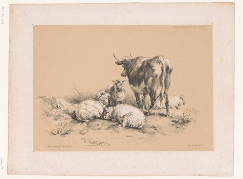 Studies of four sheep and a cow, Pierre Frédéric Lehnert, 1838 - 1840 Canvas Print